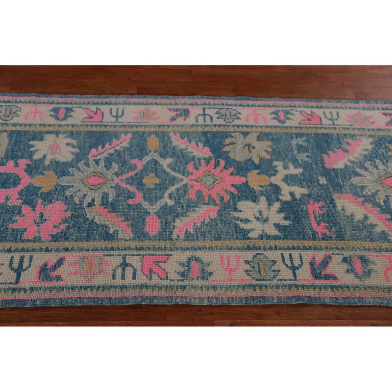 Hand Knotted Oriental 100% Wool Carpet Transitional Floral Navy Blue & Blues Oushak Runner Rug - 15' 10'' X 3' 2''