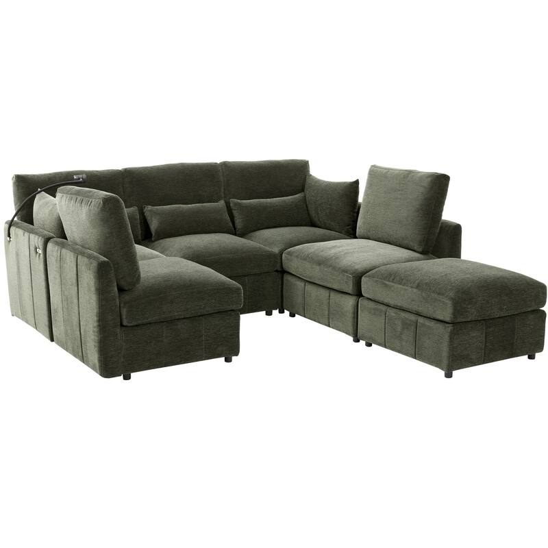 U Shaped Modular Sectional Sofa with Movable Ottoman, Chenille Upholstered 5-Seater Sofa with 2 USB Ports & Phone Holder