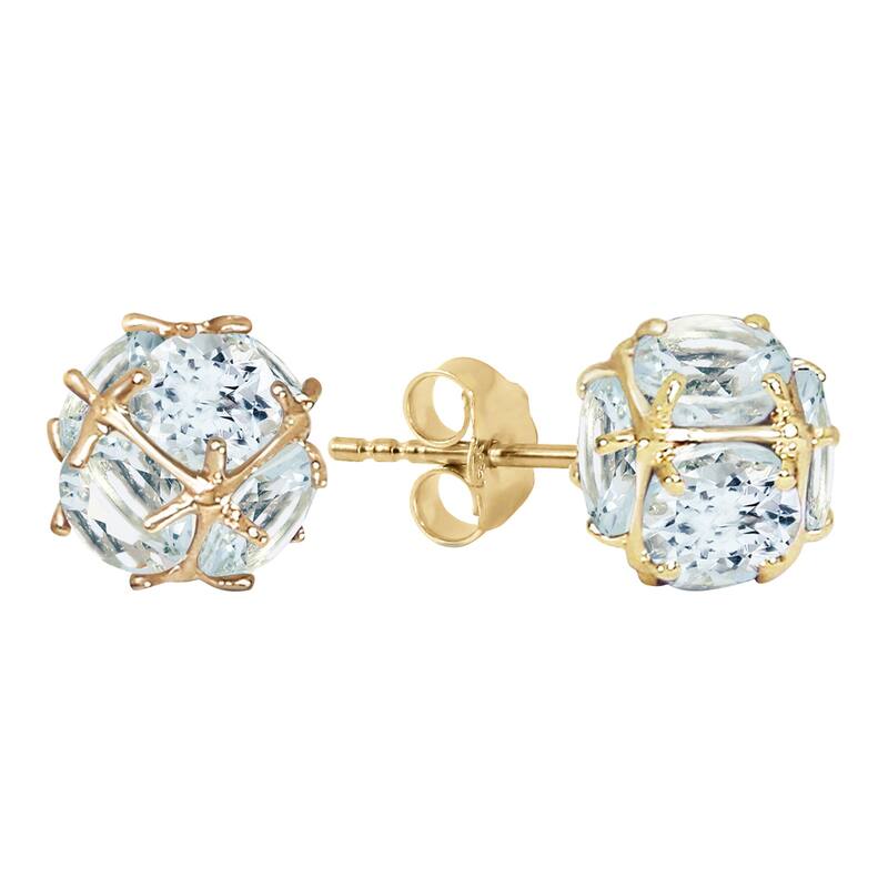 14K Solid Gold Stud Elegant Gemstone Earrings w/ Natural Aquamarines - White