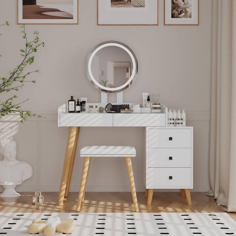 Extendable Make-up Vanity Set with Stool, 5 Drawers Dresser Glass Desktop Dressing Table with Round LED Mirror