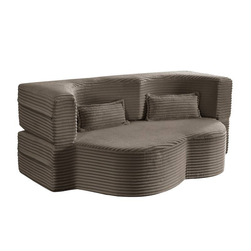 Floor Sofa With 2 Pillows,Convertible Plush Corduroy Foam-Filled Sleeper Sofa Bed,15" Full Size Folding Mattress,Guest Bed