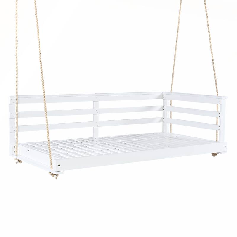 Country Patio Wooden Twin Size Swing Daybed with 4pcs 96-inch Hemp Ropes for Backyard and Garden