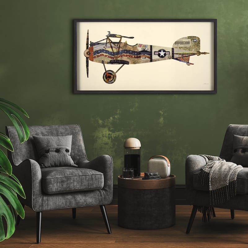Empire Art "Antique Biplane #3" Alex Zeng's dimensional collage, under glass & a black shadow box frame