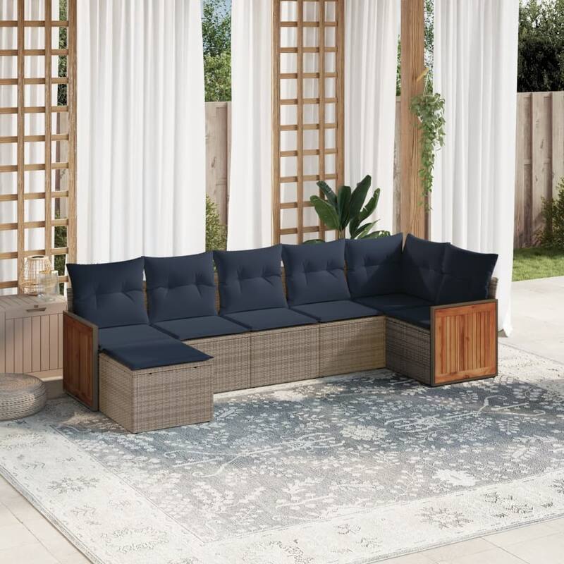 vidaXL 7/8 Piece Patio Sofa Set with Cushions Black/Gray Poly Rattan - 24.4 x 24.4 x 27.2 - Gray Without table