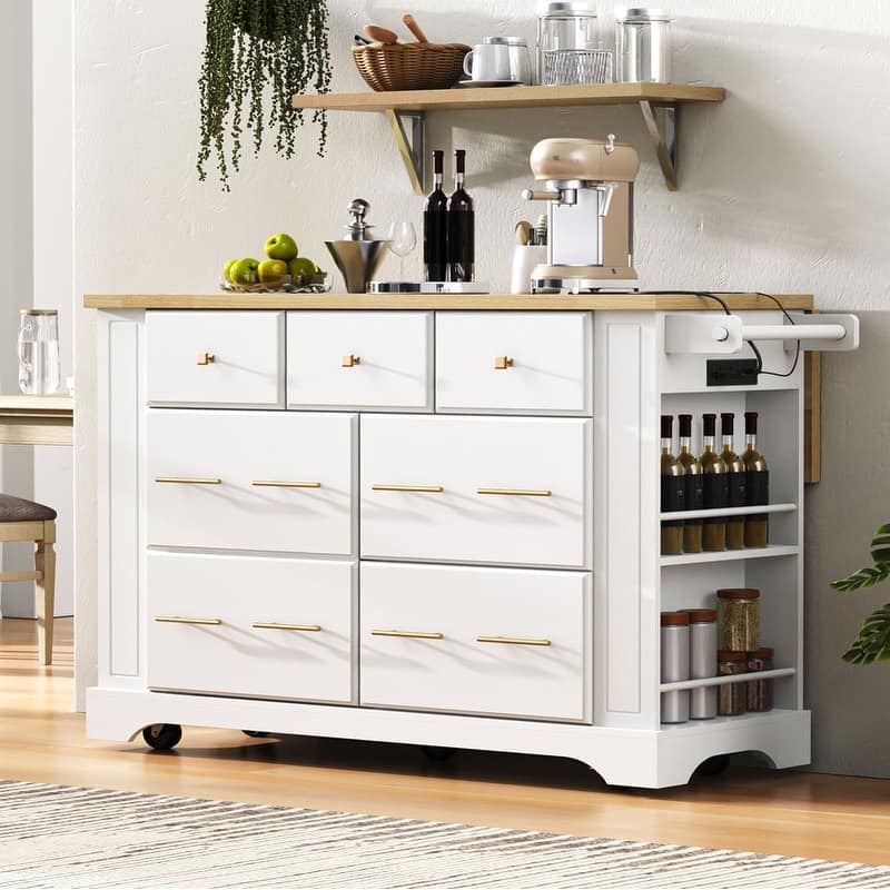 Kitchen Island with 6 Drawers, Pull Out Trash Can Storage, Rolling Kitchen Island with Drop Leaf