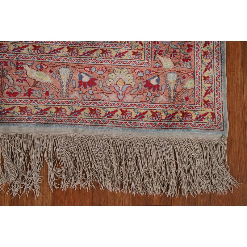 Hand Knotted Oriental Silk Carpet Traditional Floral Navy Blue & Blues Hereke Area Rug - 4' 10'' X 3' 3''
