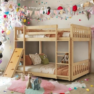 Twin Over Twin Floor Bunk Bed, Playhouse Floor Bunk Bed with Climbing Ramp, Ladder, Safety Guardrails