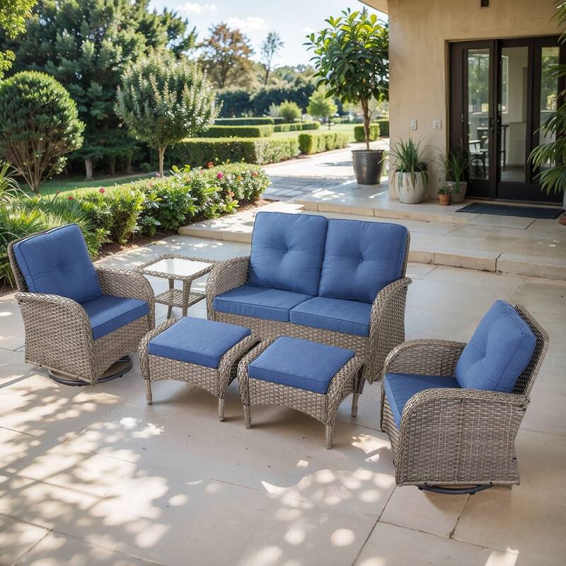 Pocassy 6 Pieces Glider Sofa with Swivel Chairs Ottomans Table - Gray Wicker - Blue cushion
