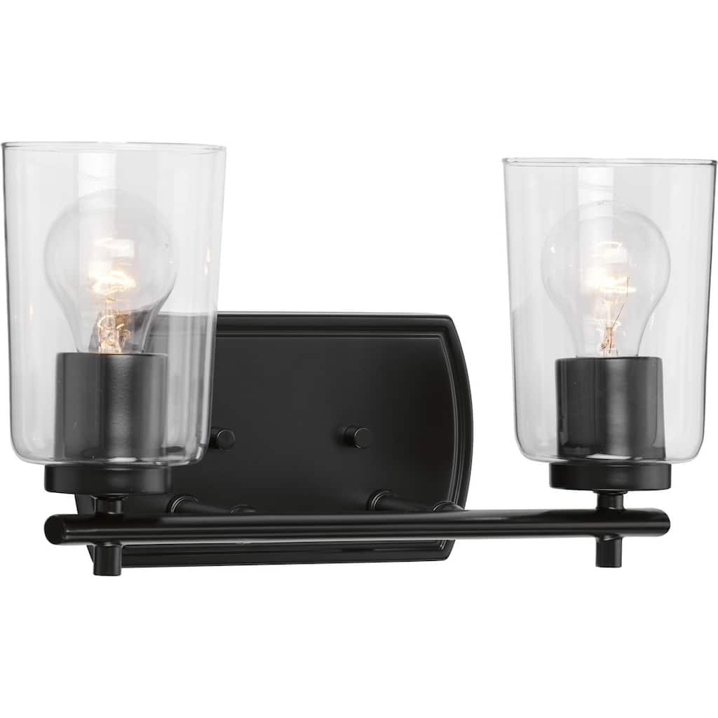 Adley Collection Two-Light Matte Black Clear Glass New Traditional Bath Vanity Light - 13.875 in x 6 in x 7.625 in