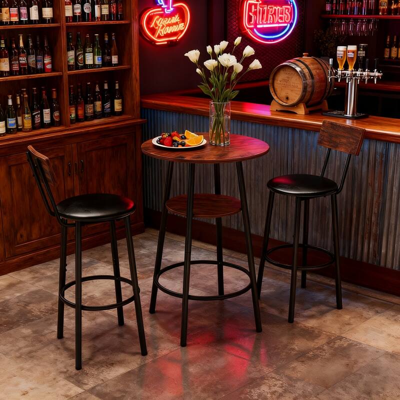 3 Pieces Round Bar Table and Chairs Set, Small Dining Table for 2 with 2-Tier Storage & 2 PU Upholstered Bar Stools