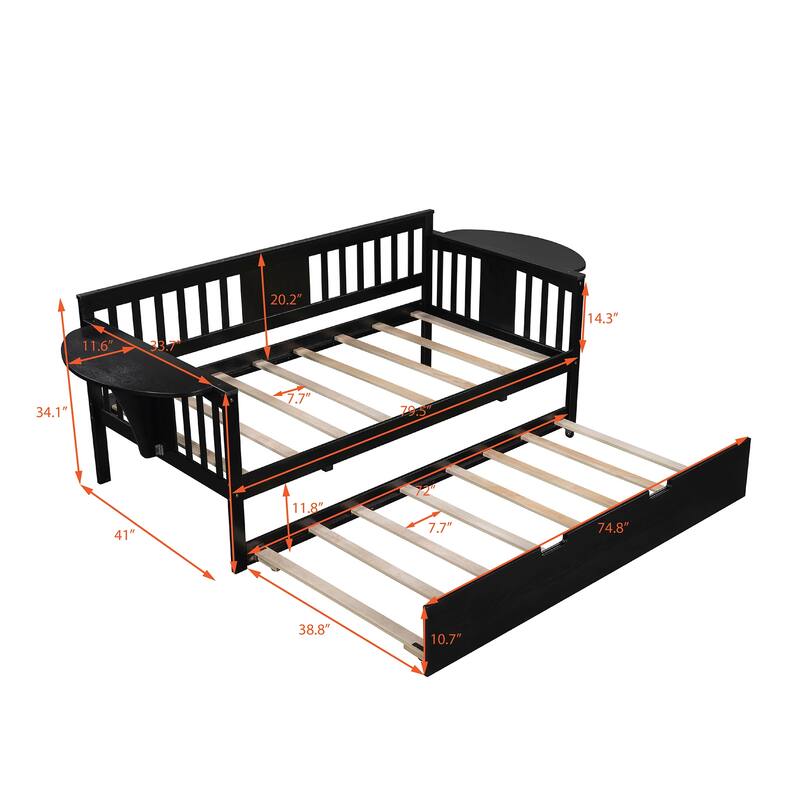Twin Pine Daybed with Trundle & Foldable Shelves