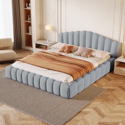 Queen Size Floor Platform Bed with Shell-Shaped Headboard, Modern Velvet Upholstered Bedframe with Cushioning All Around Guards
