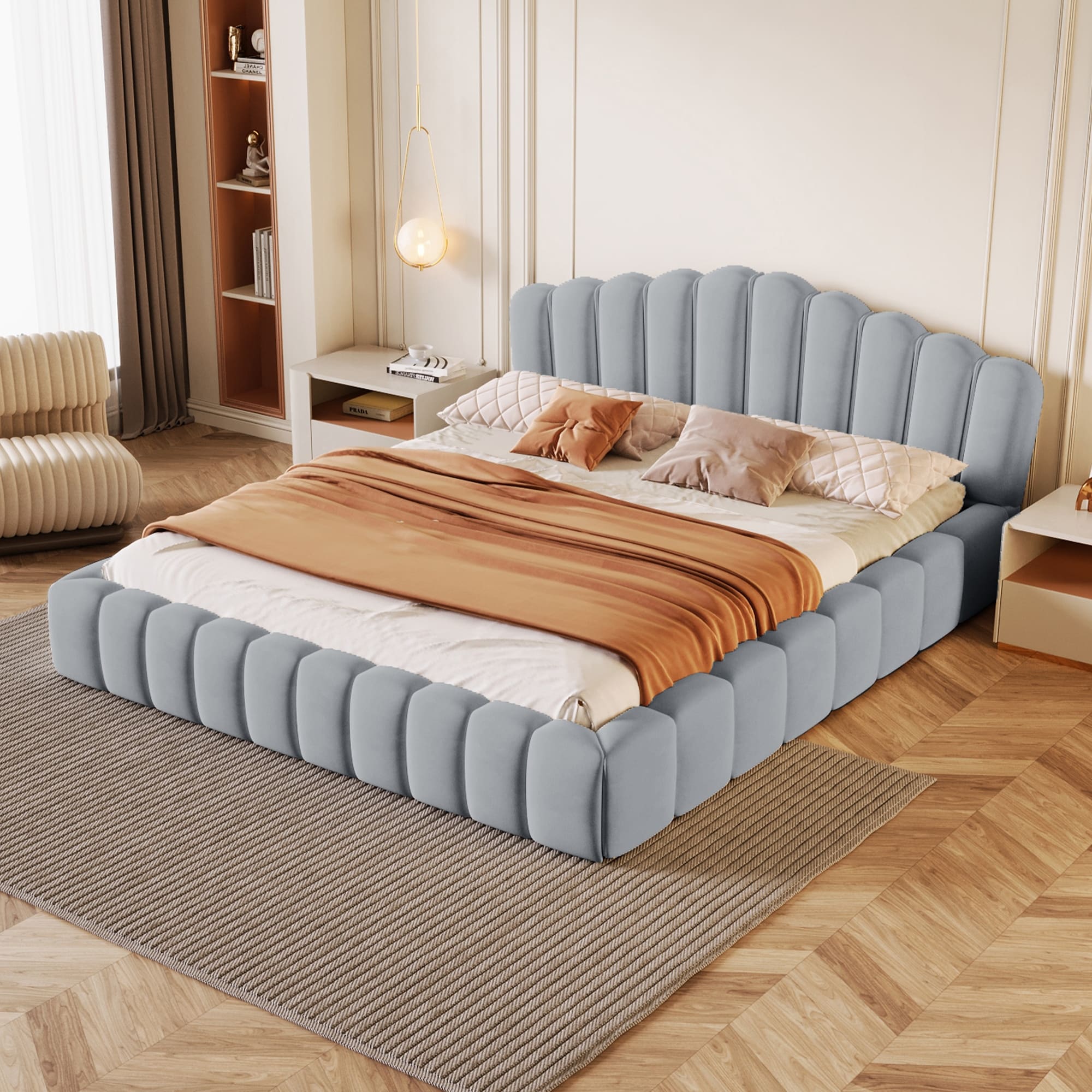 Roomfitters Velvet Queen Bed Frame with Shell Headboard