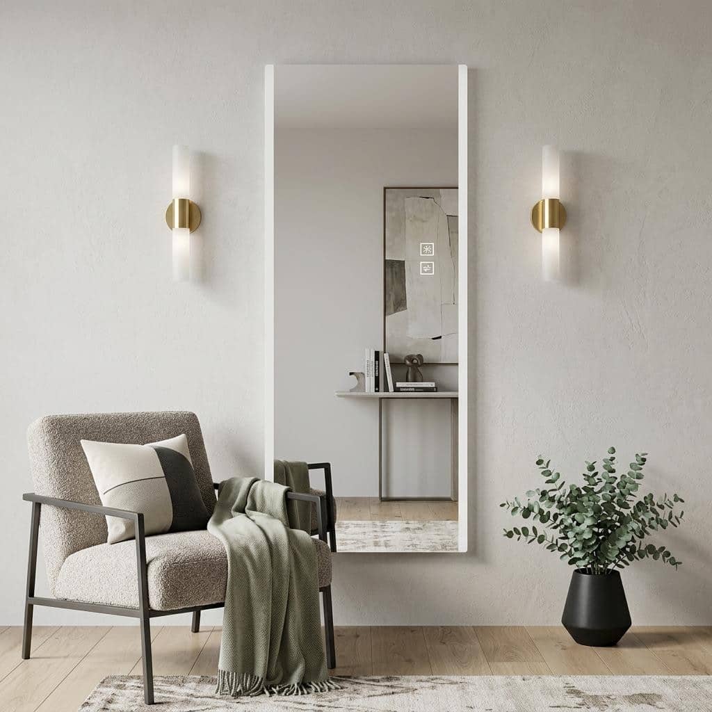 HomeRoots 65" Silver Lighted Wall Mounted And Leaning Frameless Full Length Hanging Mirror - 21.00 in. x 65.00 in. x 0.98 in.