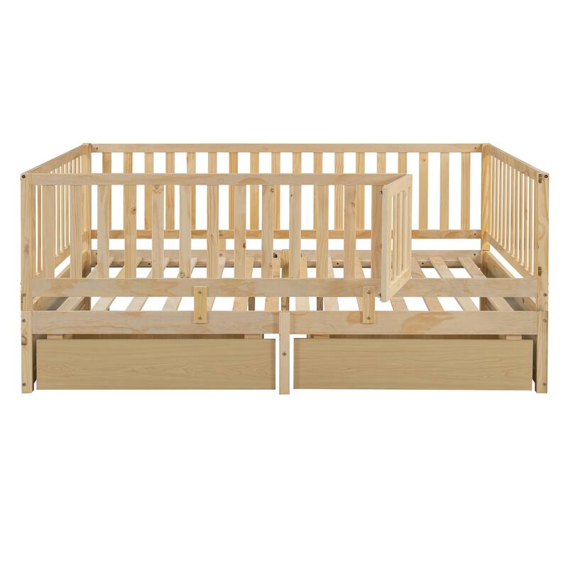 Full Size Wood Daybed with Fence Guardrails and 2 Drawers, Convertible to Floor Bed and Daybed, Natural Finish