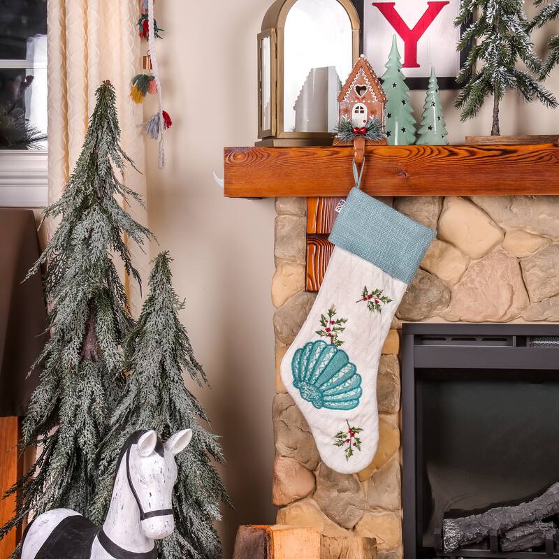 National Tree Company 20 in. HGTV Home Collection Embroidered Blue Shell Stocking - 20 in