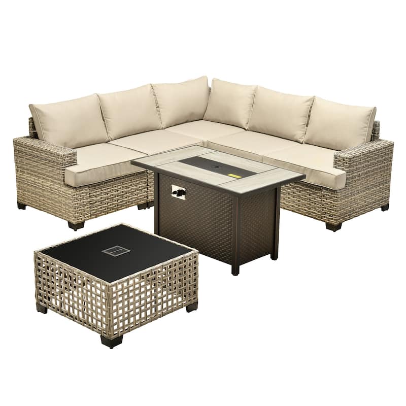 XIZZI 7 Pieces Patio Furniture Wicker Sectional Sofa Set with Fire Pit Table