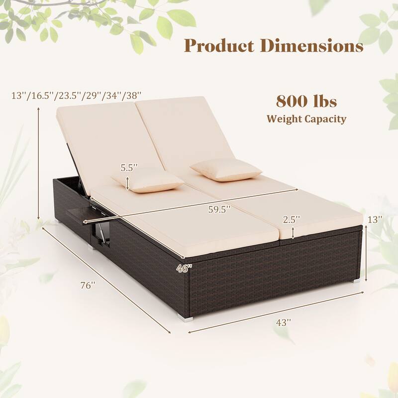 Comfortable Double Chaise Lounge with Cushions and Folding Side Tables Perfect Outdoor Relaxation - 76” L x 43” W x 13”-38” H