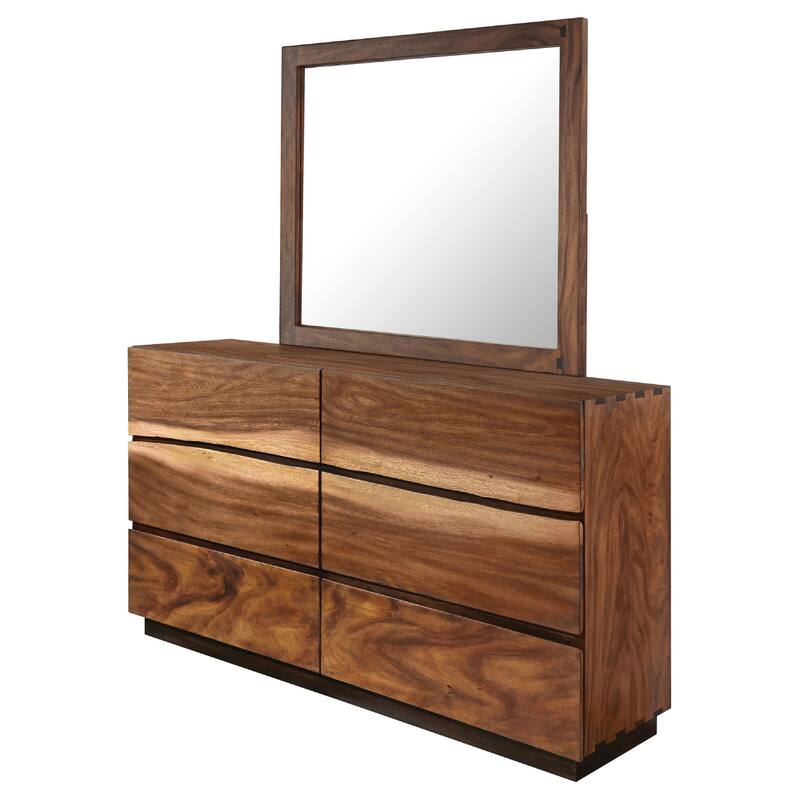 Zeko Wide Dresser with Mirror, 6 Drawers, Smokey Walnut Brown Wood