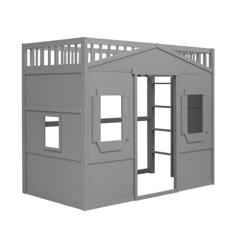 Solid Wood House Loft Bed with Window Design and Ladder, Twin/Full Size Playhouse Bed Loft Bed Frame with Guardrail for Kids