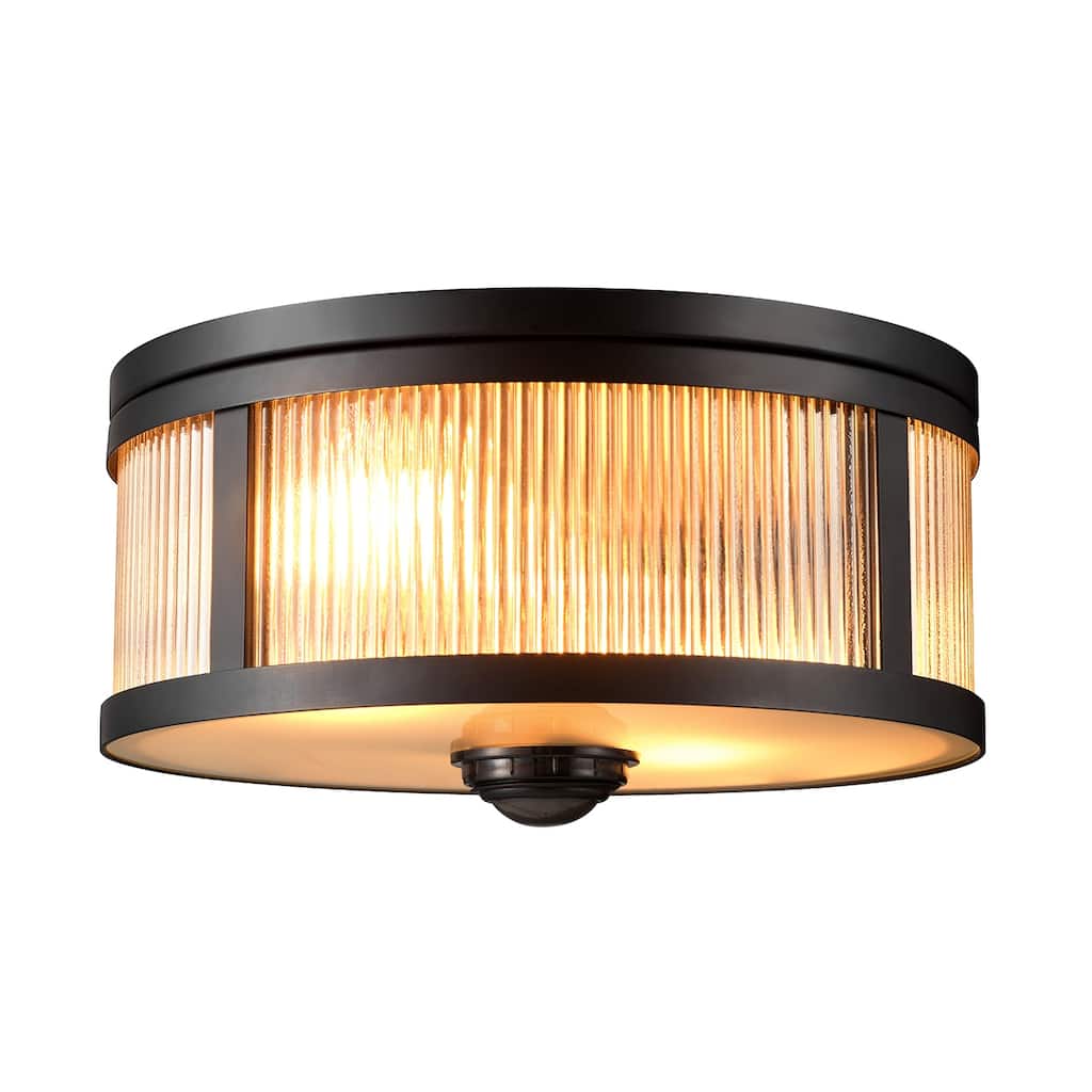 2-Light Matte Black Motion Activated Outdoor Flush Mount Ceiling Light with Ribbed Glass Shade and Frosted Glass Lens - 11"