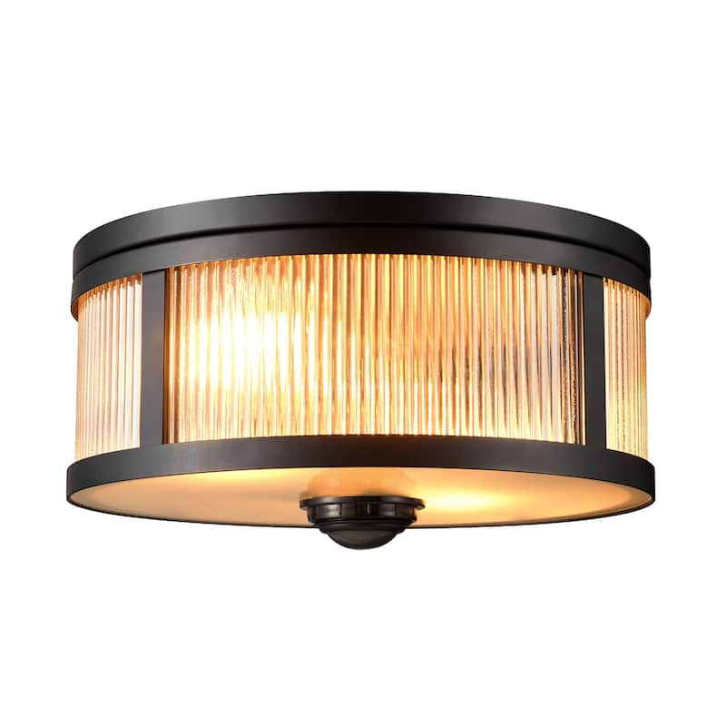 2-Light Matte Black Motion Activated Outdoor Flush Mount Ceiling Light with Ribbed Glass Shade and Frosted Glass Lens - 11"