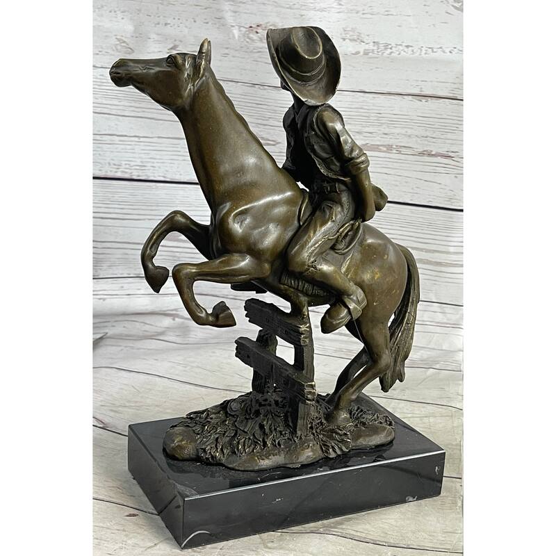Cowboy On Horseback Hopping A Fence Bronze Sculpture Statue Western Decor