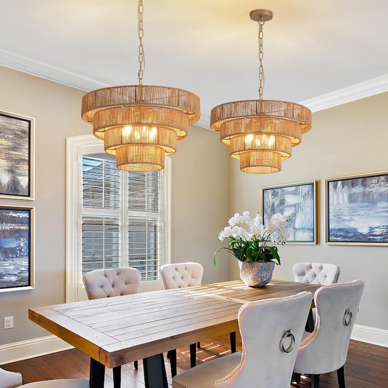 Starsky 6-Light 19inch Boho Tiered Rattan Drum Hand Woven Chandelier with Natural Rope Paper Shade