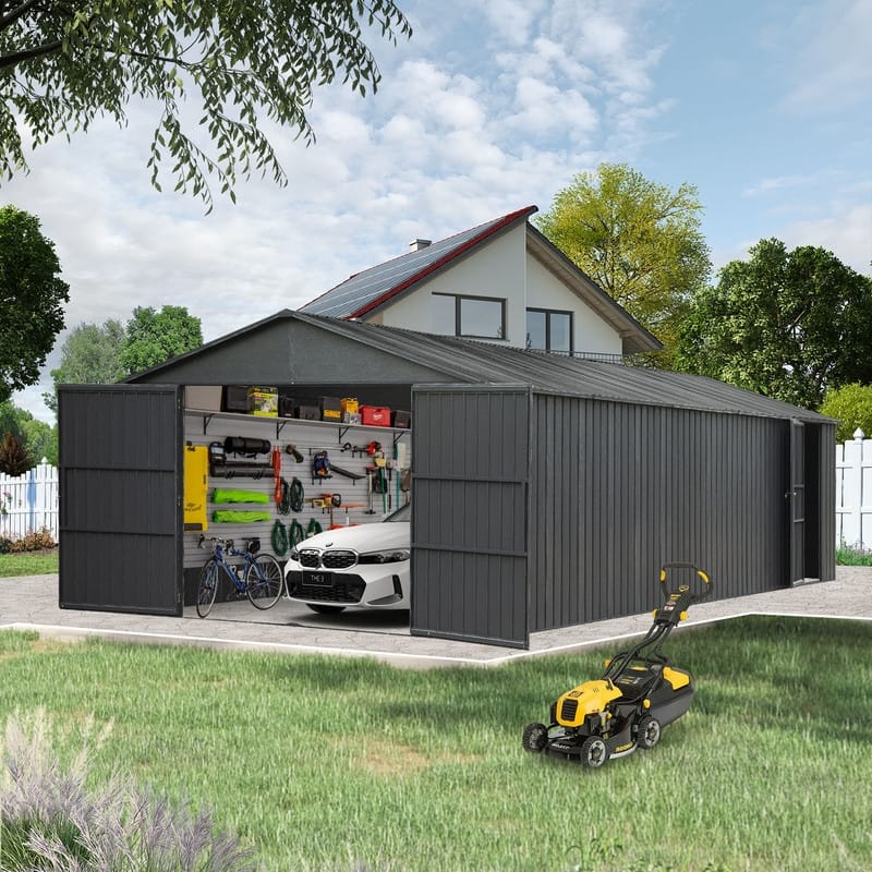 Domi 12x15FT Outdoor Metal Garage Shed,Extra Large Metal Carport with Lockable Double Doors,Heavy Duty Car Shelter,Dark Grey - Dark Grey - 12x25FT