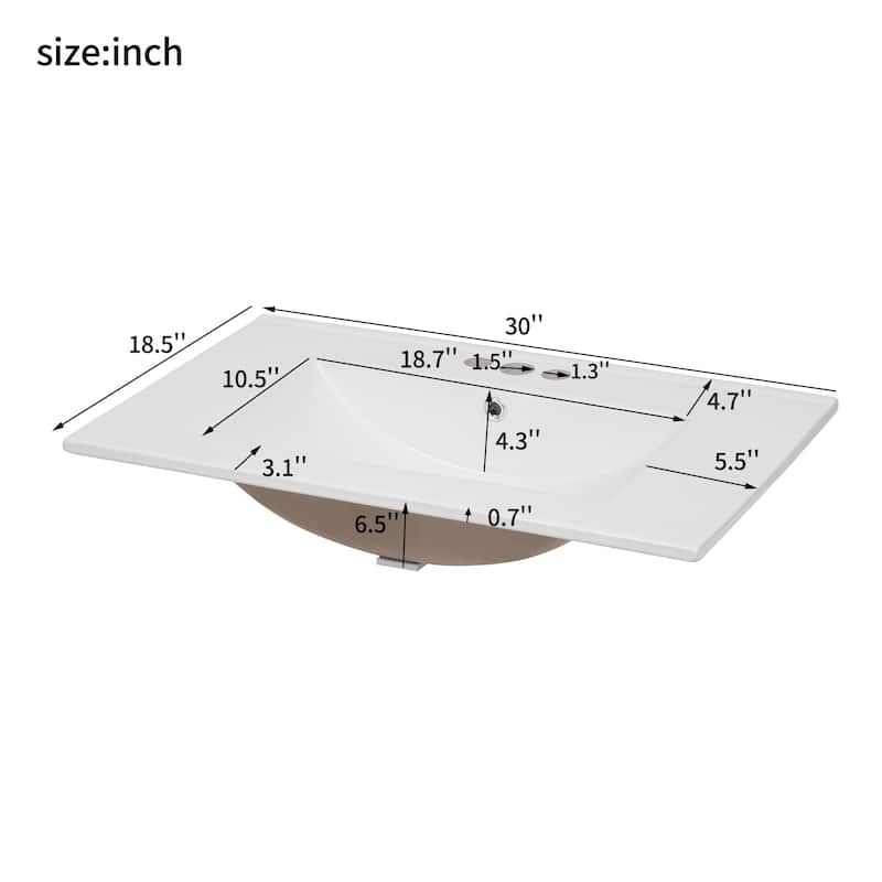 30" Bathroom Vanity with Ceramic Sink, with 3 Holes Single Ceramic Sink, Bathroom Vanity Cabinet with 2 Soft Closing Doors