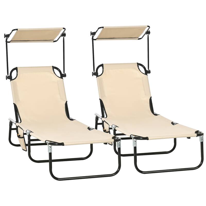 Outsunny Folding Chaise Lounge Pool Chairs, Set of 2 Outdoor Sun Tanning Chairs with Sunshade Face Guard