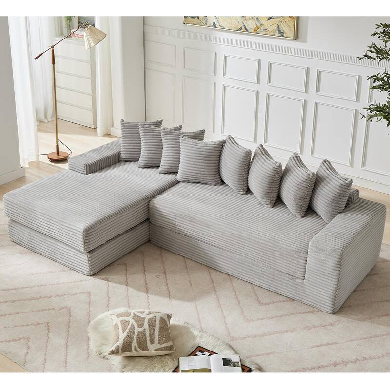 Floor Sleeper Sofa Bed Convertible L-shaped Modular Sectional Couch with Chaise, Corduroy Compression Sofa with Side Pockets