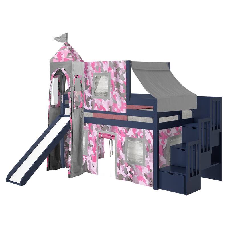 JACKPOT Prince & Princess Low Loft Twin Bed, Stairs Slide Tent & Tower
