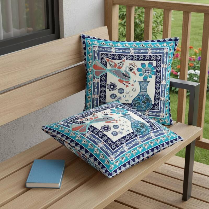 HomeRoots Set of Two 16" X 16" Blue and Off White Peacock Blown Seam Floral Indoor Outdoor Throw Pillow - Blue/Off White - 16.00' X '16.00' X '5.00
