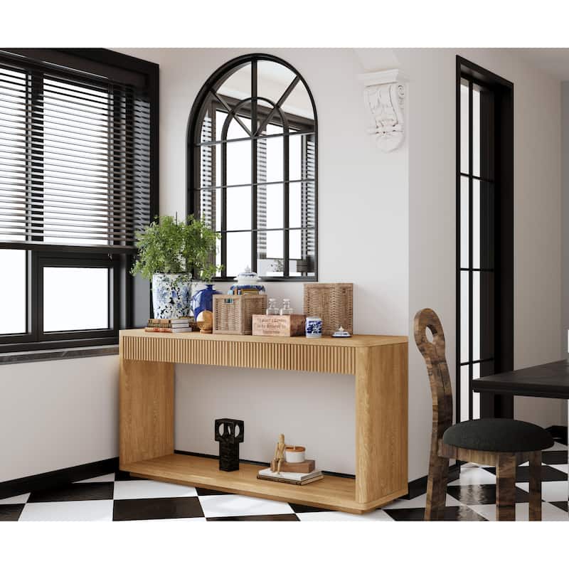 60" Modern 2-Drawer Fluted Console Table Natural Wood Veneer Sofa Table Behind Couch Table for Living Room