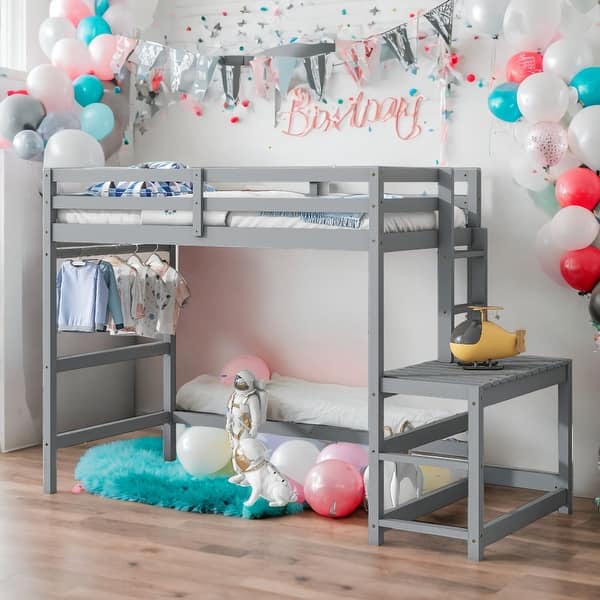 slide 2 of 18, Twin Size Loft Bed Kids Bed with Platform Ladders and Guardrails, Grey Grey