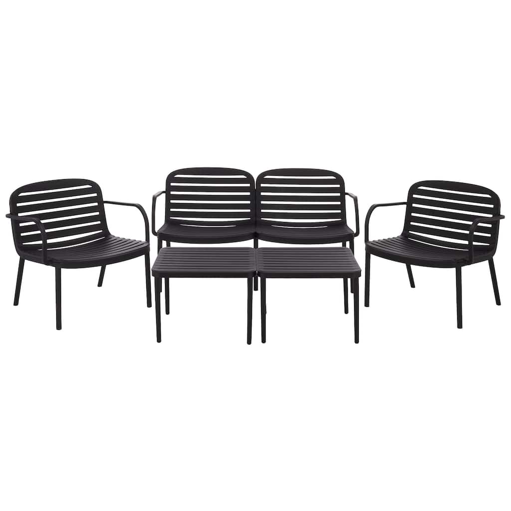 SAFAVIEH Outdoor Patio Furniture Thompson Conversation Set, 5-Piece Seating Set with Bench, 2 Chairs & Modular Coffee Tables