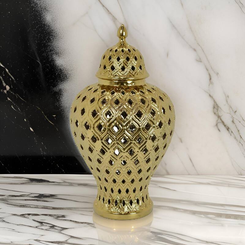 Deni 18 Inch Temple Jar, Pierced, Carved Lattice Design, Lid, Gold