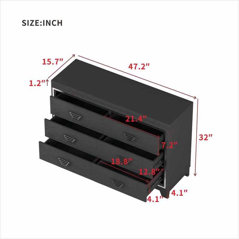 Elegan 6 Drawers Dresser with Metal Handles and Sparkling Decoration