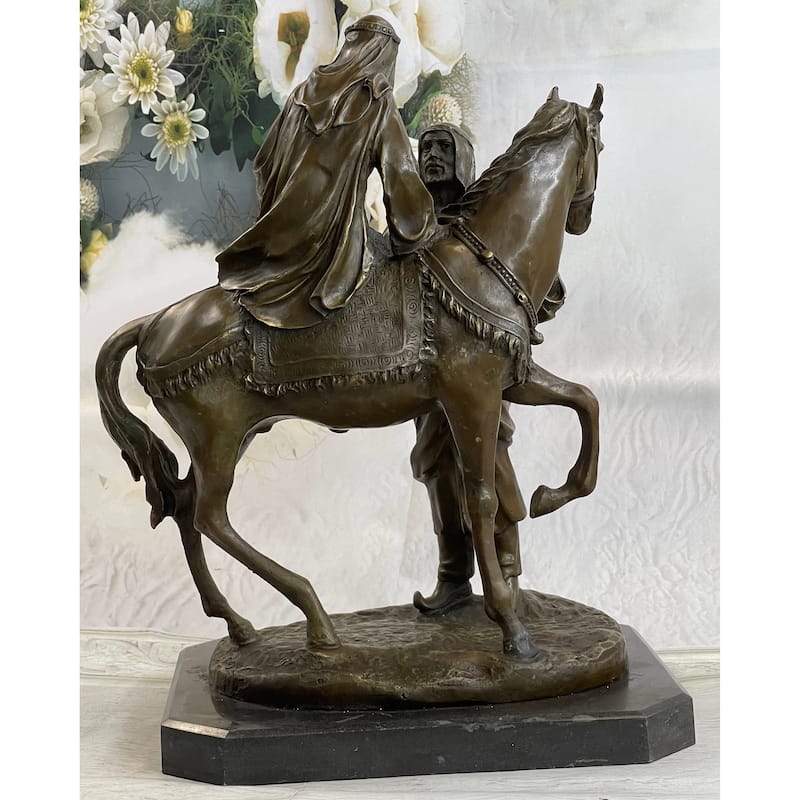 Large Arabian Man Helping His Wife Bronze Marble Base Sculpture Statue By Mene
