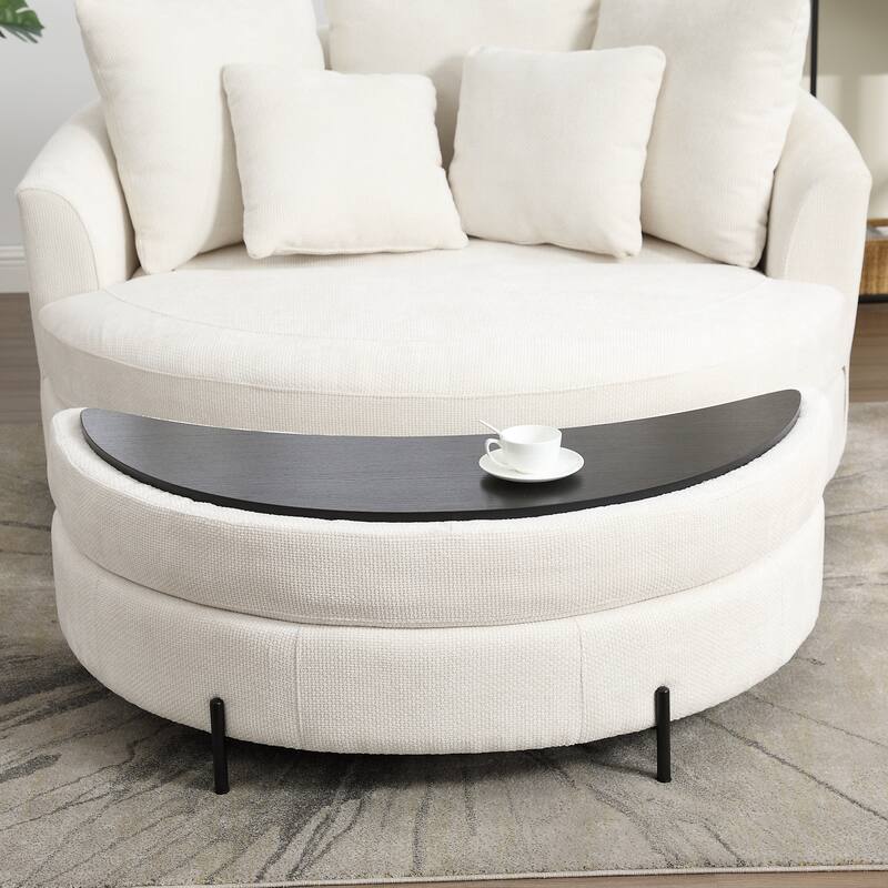 Modern Sofa Chair Round Accent Barrel Chair With 5 Pillows and Storage Ottoman