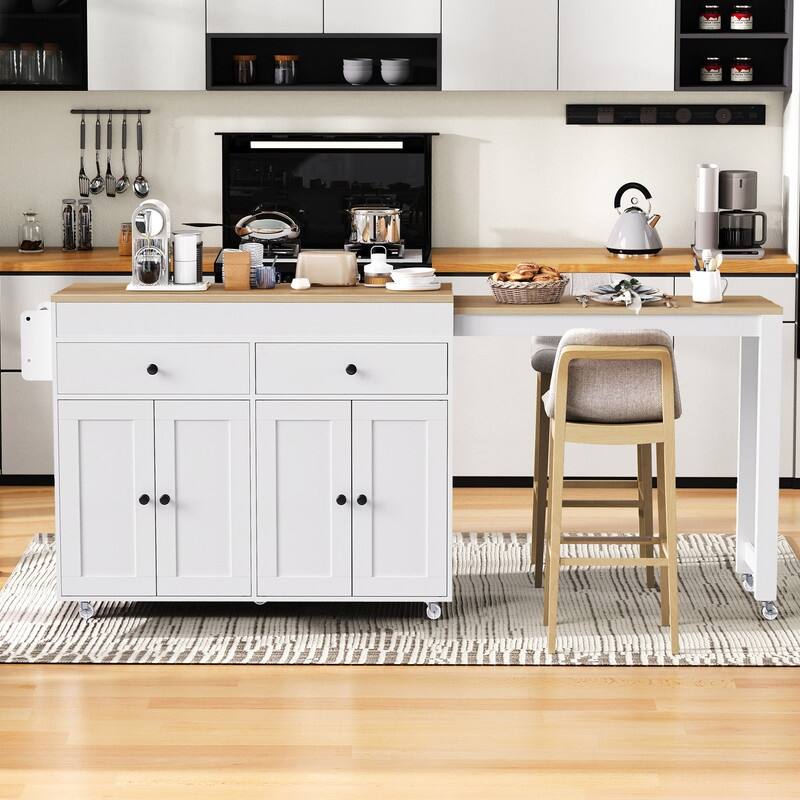 74.5“ Kitchen Island with Extendable Dining Table, Rolling Kitchen Island on Wheels with Spice Rack, Drawers and Cabinets - White