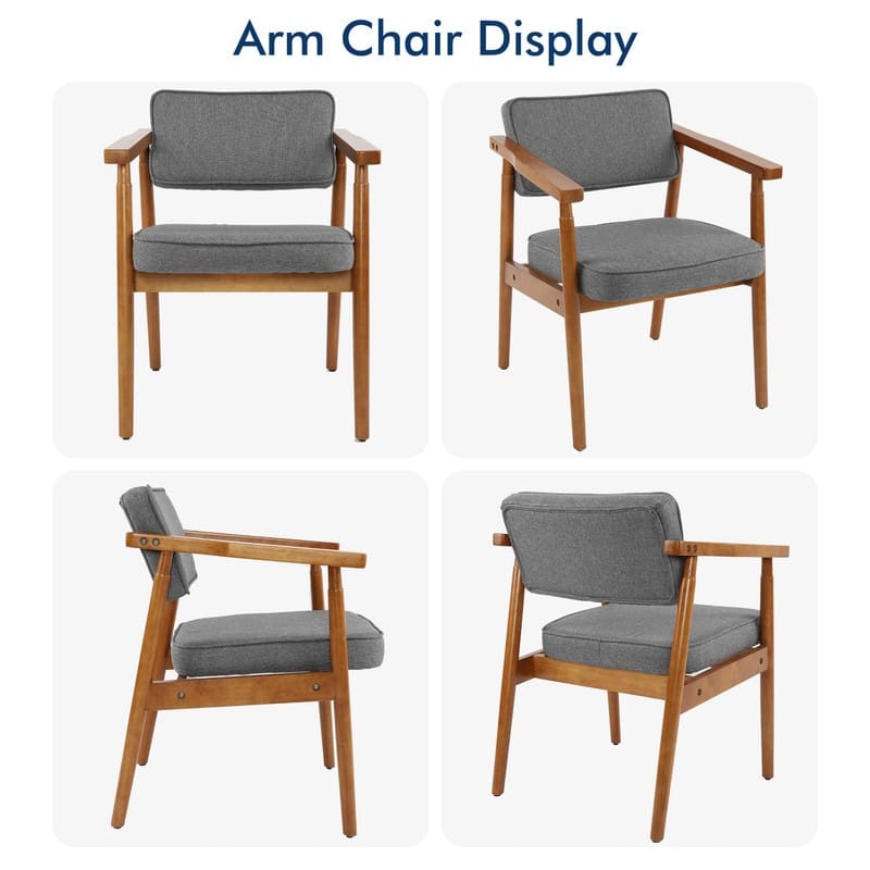 Walnut Faux Leather or Linen-Like Fabric Upholstered Dining Chair - Padded Armchair with Solid Wood Frame & Open Back