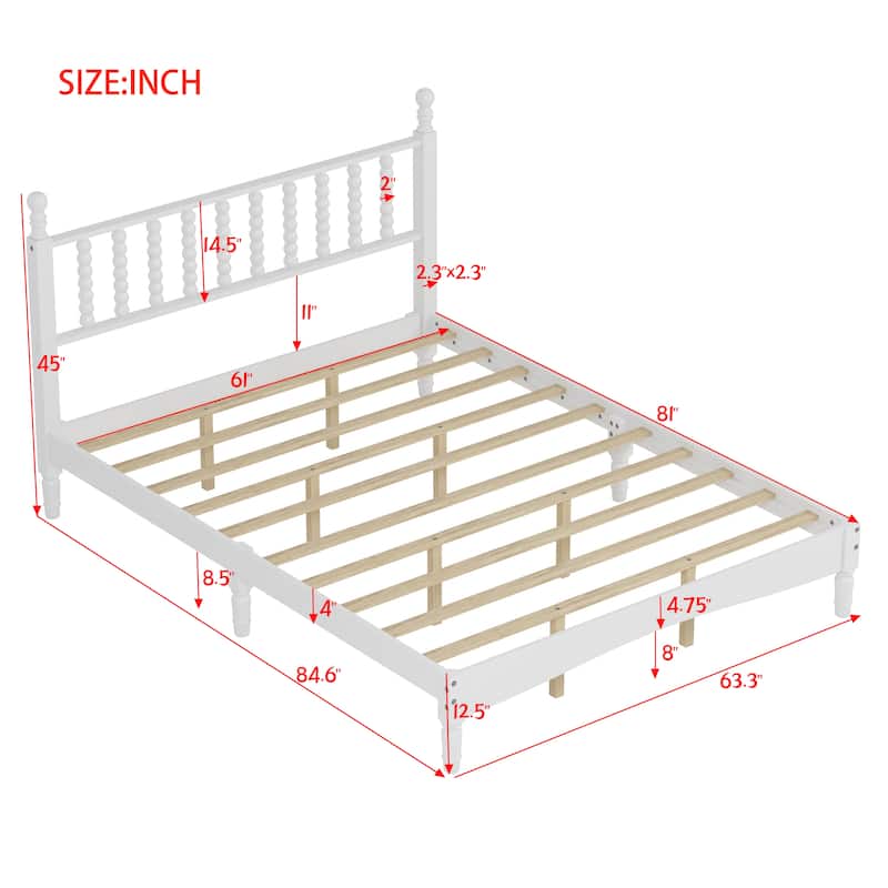 Wood Platform Bed Queen Size Retro Style Bed Frame with Gourd Shaped Headboard, Wood Slat Support, No Box Spring Needed