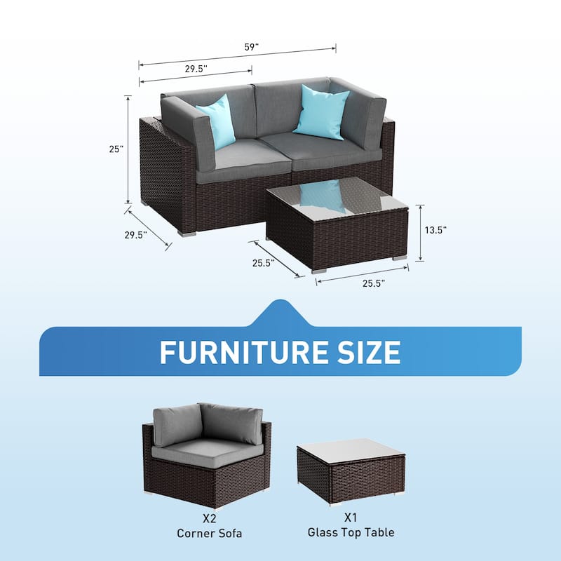 COSIEST 3-Piece Outdoor Furniture Set Brown Wicker Sectional Sofa With Cushions, Glass-Top Coffee Table,Pillows