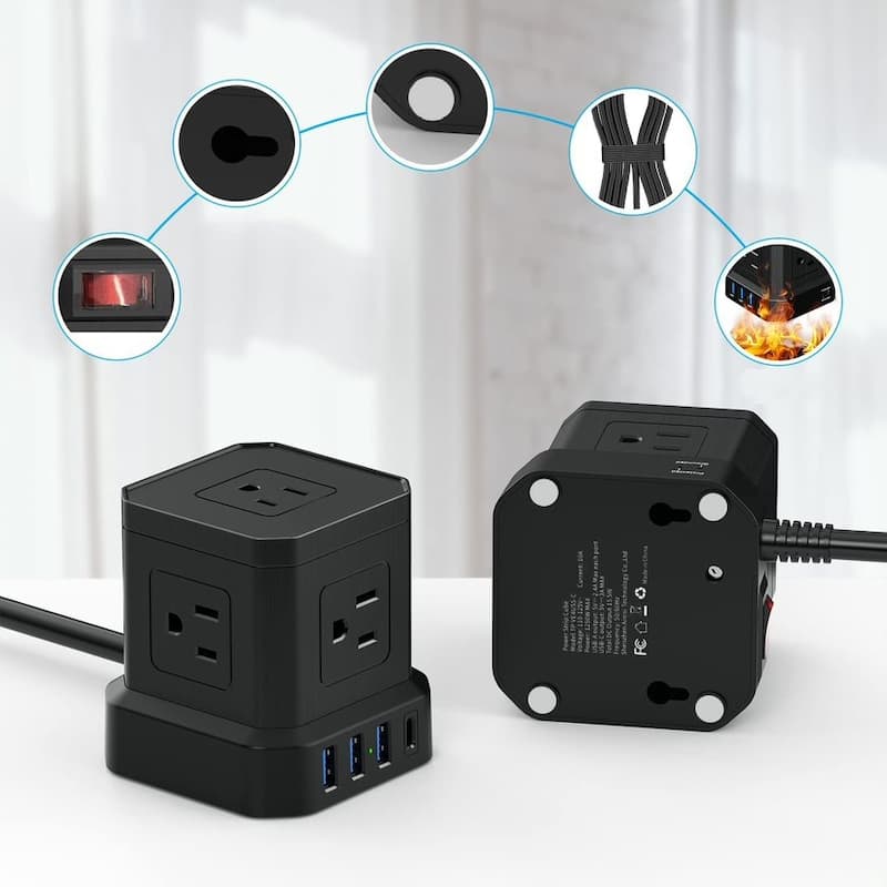 Cube surge protector power strip with usb ports 10ft extension cord