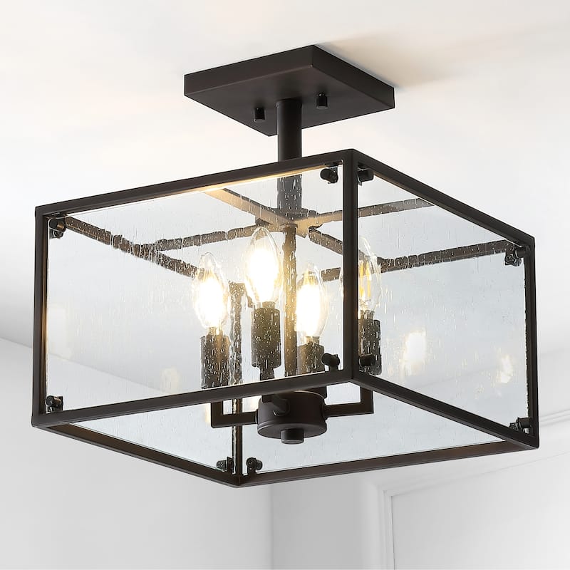 Ogee 13" 4-Light Iron/Seeded Glass Rustic Farmhouse LED Flush Mount, Oil Rubbed Bronze by JONATHAN Y