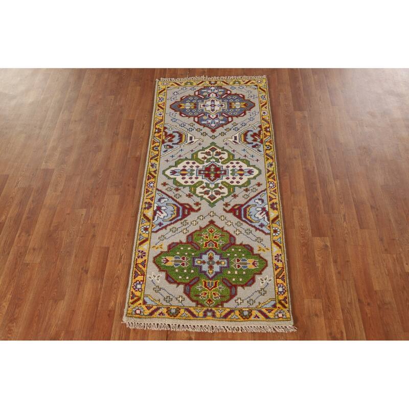 Geometric Kazak Indian Rug Hand-Knotted Wool Carpet - 2'6"x 6'0"
