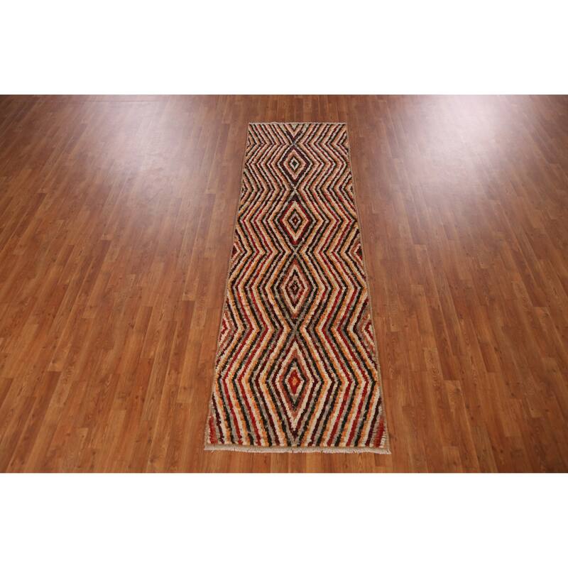 Geometric Moroccan Runner Rug Handmade Oriental Wool Carpet - 2'10" x 9'5"