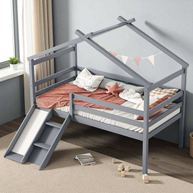 Twin Size Wooden Low Loft House Bed with Slide, Ladder, Safety Guardrails, and Roof Frame